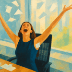 Mulher comemorando com os braços erguidos em um escritório abstrato, jogando papéis ao ar em gesto de alívio e felicidade após pedir demissão.