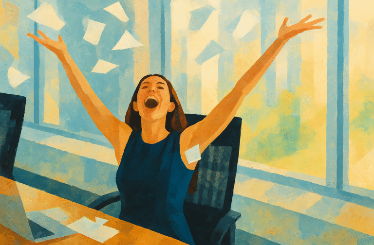 Mulher comemorando com os braços erguidos em um escritório abstrato, jogando papéis ao ar em gesto de alívio e felicidade após pedir demissão.