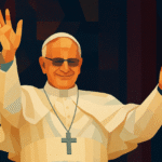 Ilustração abstrata e estilizada do Papa Leo XIV, com vestes papais brancas, óculos e crucifixo, levantando as mãos em sinal de saudação sobre um fundo escuro geométrico.