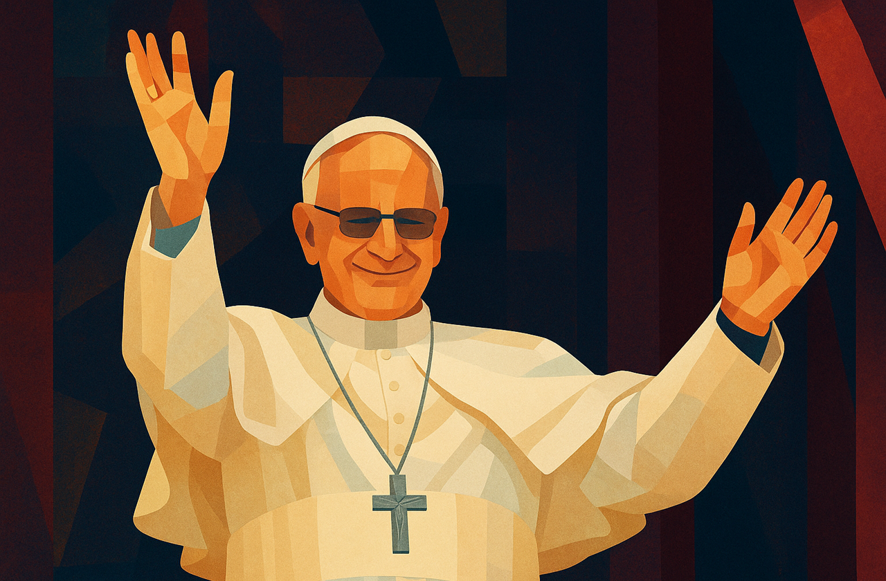 Ilustração abstrata e estilizada do Papa Leo XIV, com vestes papais brancas, óculos e crucifixo, levantando as mãos em sinal de saudação sobre um fundo escuro geométrico.