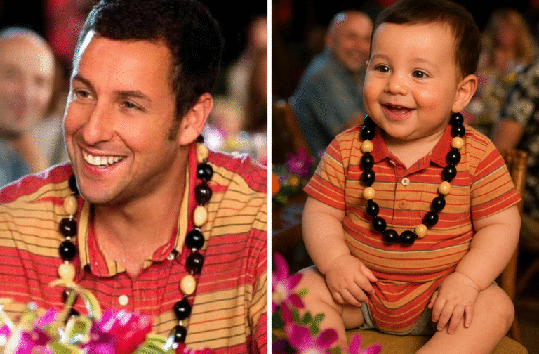 Bebê reborn com traços realistas inspirados em Adam Sandler, usando camisa polo listrada e colar havaiano, sorrindo em meio a uma festa tropical decorada com flores.