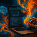 Ilustração realista e abstrata mostra uma mão humana interagindo com um laptop, de onde fluem ondas coloridas representando inteligência artificial, com uma rede neural e elementos digitais ao fundo, simbolizando a criação de sites com IA.