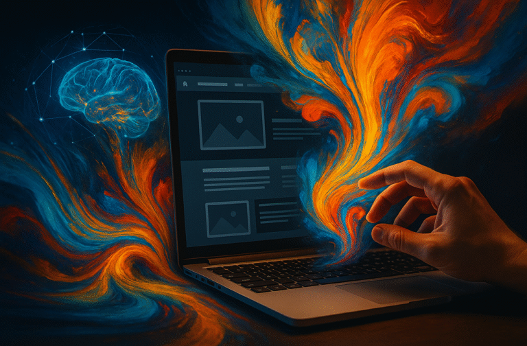 Ilustração realista e abstrata mostra uma mão humana interagindo com um laptop, de onde fluem ondas coloridas representando inteligência artificial, com uma rede neural e elementos digitais ao fundo, simbolizando a criação de sites com IA.