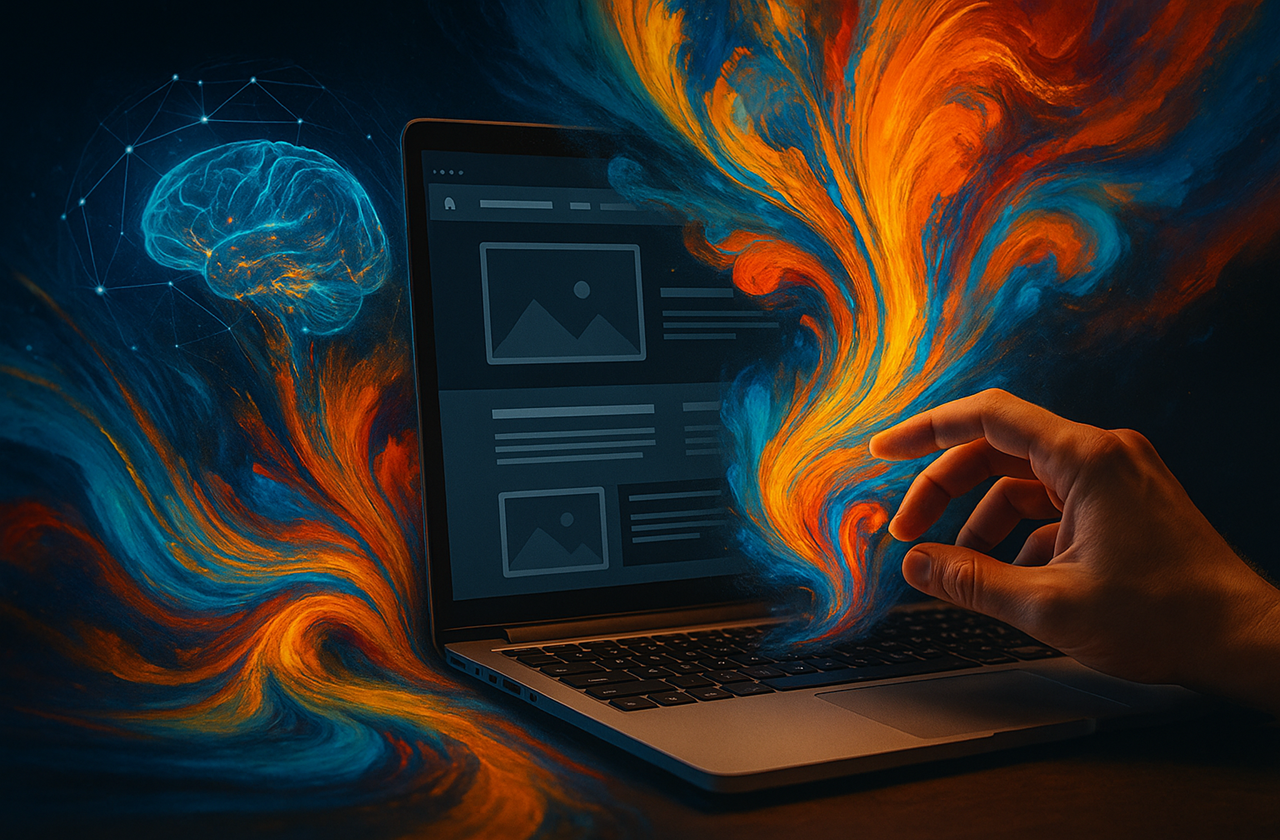 Ilustração realista e abstrata mostra uma mão humana interagindo com um laptop, de onde fluem ondas coloridas representando inteligência artificial, com uma rede neural e elementos digitais ao fundo, simbolizando a criação de sites com IA.