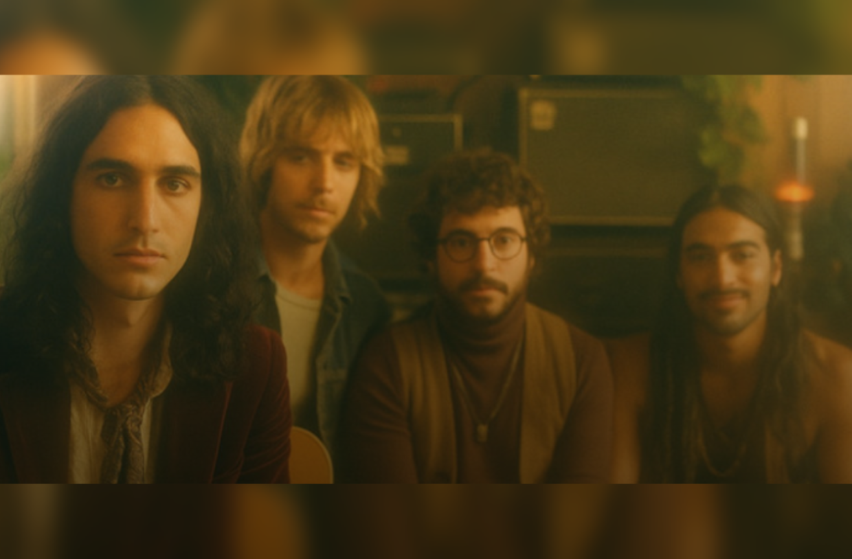 Quatro homens jovens, com visual retrô e expressão séria, posam juntos em um ambiente de estúdio musical. A imagem tem tons quentes e suaves, transmitindo a atmosfera de uma banda indie de rock criada por inteligência artificial.