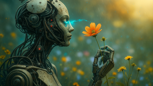 Rosto de um robô humanoide em meio a um campo de flores, segurando delicadamente uma flor laranja enquanto observa com um olhar iluminado, em um estilo realista e atmosférico que mistura natureza e tecnologia.