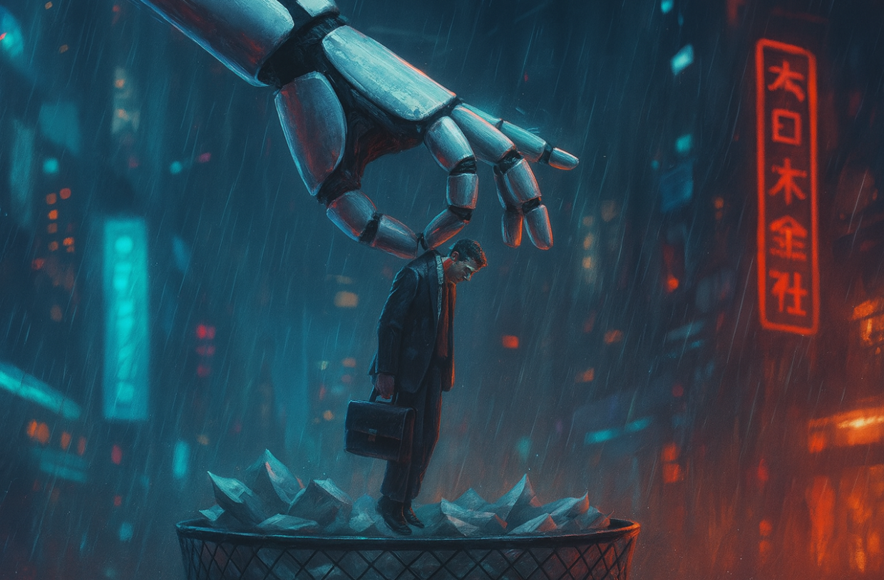 Mão robótica gigante em estilo cyberpunk segurando um homem de terno e gravata sobre uma lixeira cheia de papéis amassados, simbolizando a substituição de empregos humanos pela inteligência artificial em um cenário urbano futurista.