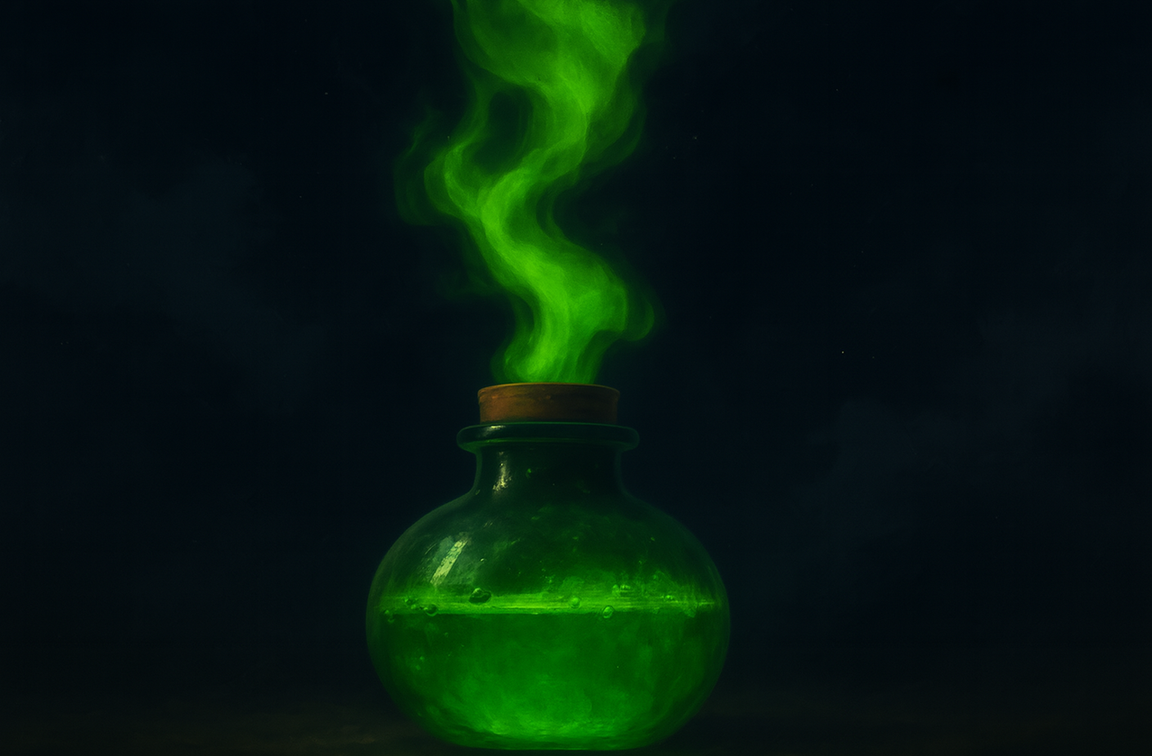 Frasco de vidro com líquido verde brilhante liberando fumaça luminosa em espiral, sobre um fundo escuro que lembra um céu noturno com nuvens suaves.