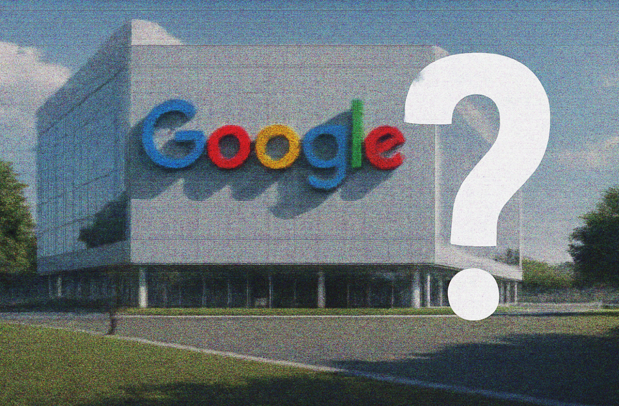 Imagem da sede do Google com efeito de falha digital e aparência serrilhada, transmitindo incerteza. Uma grande interrogação branca aparece sobre o prédio, simbolizando dúvidas sobre o controle da informação pela empresa.