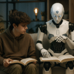 Adolescente sentado em um sofá ao lado de um robô humanoide, ambos lendo livros, em uma sala de estar iluminada com abajur e plantas ao fundo.
