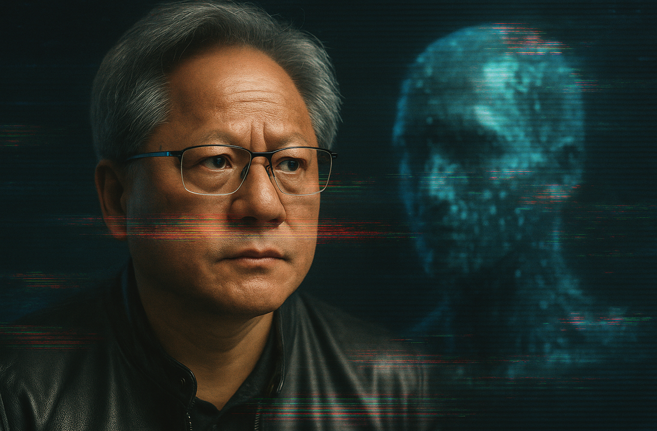 Retrato digital hiper-realista de um homem asiático mais velho usando óculos, com expressão séria, ao lado de uma figura humana abstrata em efeito glitch digital.