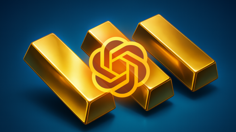 Três barras de ouro flutuando sobre um fundo azul, com o logotipo do ChatGPT no centro da imagem"