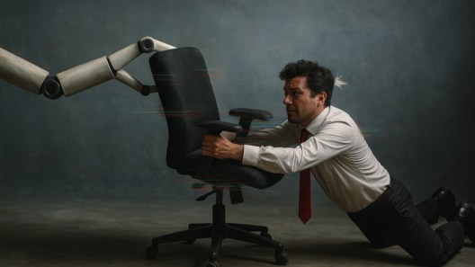 Homem de terno e gravata agarra uma cadeira de escritório enquanto um braço robótico a puxa para longe, simbolizando o impacto da inteligência artificial na substituição de empregos humanos em ambientes corporativos. A expressão de esforço e desespero representa o medo da perda de relevância profissional diante do avanço tecnológico.