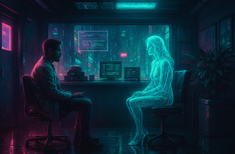 Homem sentado em uma sala de terapia futurista, estilo cyberpunk, conversando com uma terapeuta holográfica de inteligência artificial. O ambiente é iluminado por luzes neon em tons de azul, verde e rosa, com telas digitais e uma cidade tecnológica ao fundo, transmitindo o clima de uma sessão de terapia entre humano e IA no futuro.