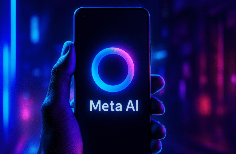Pessoa segurando um smartphone que exibe o logotipo da Meta AI em uma tela brilhante, com fundo iluminado por luzes neon em tons de azul e rosa no estilo cyberpunk.