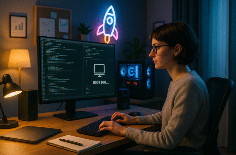 Mulher jovem programadora de perfil, com cabelo castanho curto e óculos, digitando em um desktop moderno em escritório caseiro iluminado por luz azul e abajur amarelo, com mesa de madeira organizada e letreiro de neon em formato de foguete ao fundo.