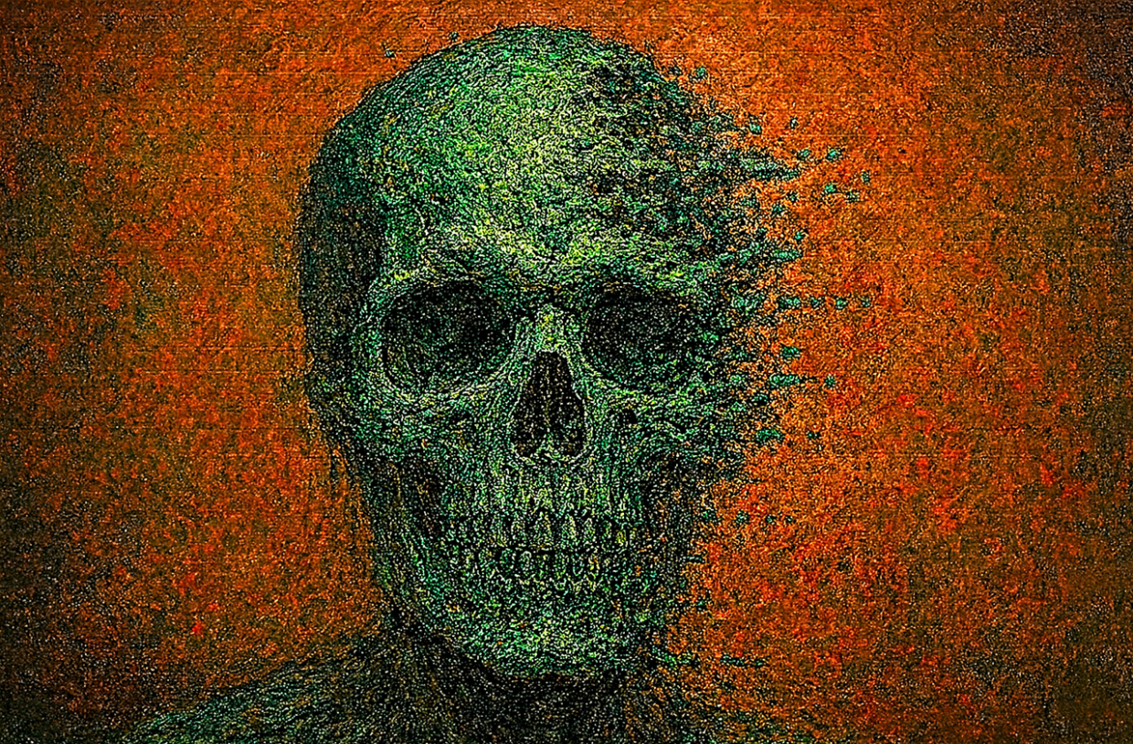 Caveira verde estilizada se desintegrando em pixels sobre fundo alaranjado, com efeito de falha digital e textura serrilhada que remete a envenenamento ou colapso.