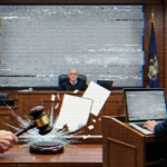 Cena de tribunal com efeito de glitch digital, onde um juiz bate o martelo com força enquanto papéis voam e um advogado usa um laptop, simbolizando caos causado por uso de IA.