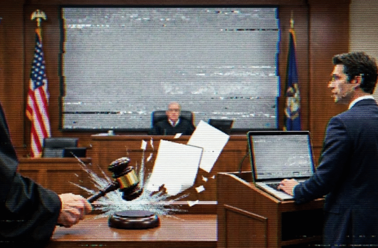 Cena de tribunal com efeito de glitch digital, onde um juiz bate o martelo com força enquanto papéis voam e um advogado usa um laptop, simbolizando caos causado por uso de IA.