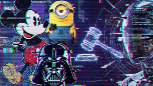 Ilustração com visual glitch mostrando personagens icônicos como Mickey, Minion e Darth Vader ao lado de uma IA robótica e um martelo de juiz, simbolizando o processo judicial da Disney e Universal contra o uso de inteligência artificial para gerar imagens protegidas por direitos autorais.
