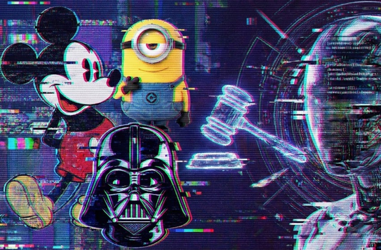 Disney e Universal processam Midjourney por plágio Ilustração com visual glitch mostrando personagens icônicos como Mickey, Minion e Darth Vader ao lado de uma IA robótica e um martelo de juiz, simbolizando o processo judicial da Disney e Universal contra o uso de inteligência artificial para gerar imagens protegidas por direitos autorais.