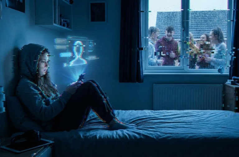 Uma adolescente solitária em um quarto escuro interage com uma interface holográfica de IA no celular, enquanto um grupo de amigos reais ri do lado de fora da janela.