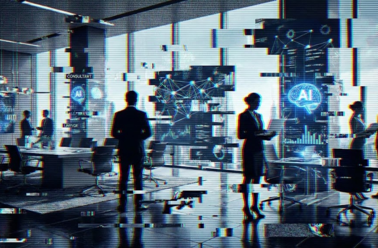 Ilustração digital representando o impacto da Inteligência Artificial em ambientes corporativos de alto padrão. A imagem mostra silhuetas de profissionais em um escritório moderno, atravessadas por efeitos de falha digital e serrilhado.
