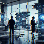 Ilustração digital representando o impacto da Inteligência Artificial em ambientes corporativos de alto padrão. A imagem mostra silhuetas de profissionais em um escritório moderno, atravessadas por efeitos de falha digital e serrilhado.