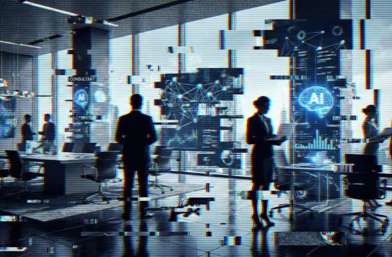 Ilustração digital representando o impacto da Inteligência Artificial em ambientes corporativos de alto padrão. A imagem mostra silhuetas de profissionais em um escritório moderno, atravessadas por efeitos de falha digital e serrilhado.