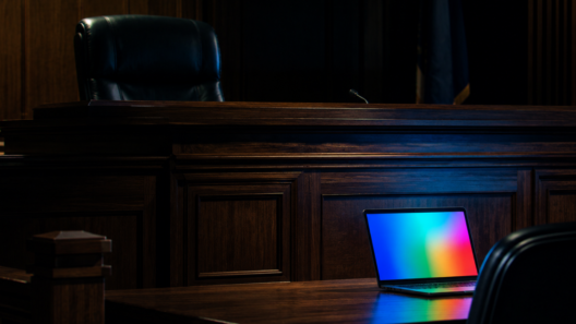 Bancada de tribunal vazia à noite com laptop projetando luz colorida sobre a madeira