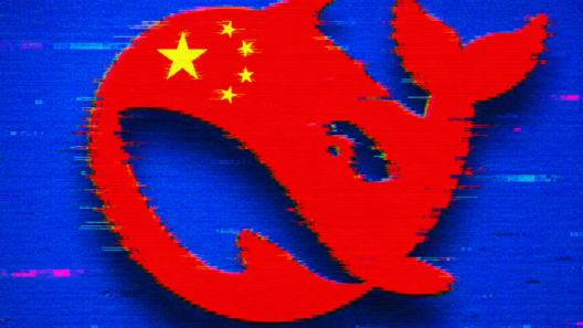 Logo estilizado do DeepSeek em vermelho, integrado aos elementos da bandeira da China com cinco estrelas amarelas, sobre fundo azul. A imagem apresenta fortes efeitos de falha digital, serrilhado, ruído visual e distorções em estilo glitch, remetendo ao avanço da inteligência artificial chinesa.