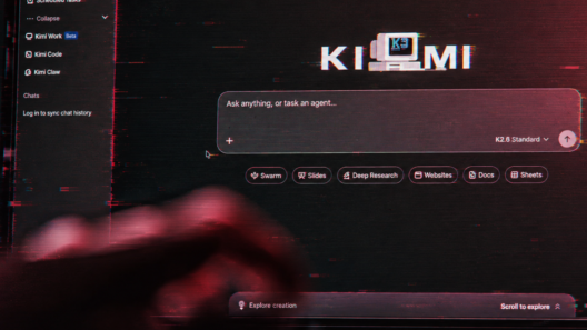 Interface do Kimi AI em uma tela escura, com efeitos de falha digital, serrilhado e tonalidades vermelhas, destacando o logotipo Kimi, campo de interação e ferramentas de IA.
